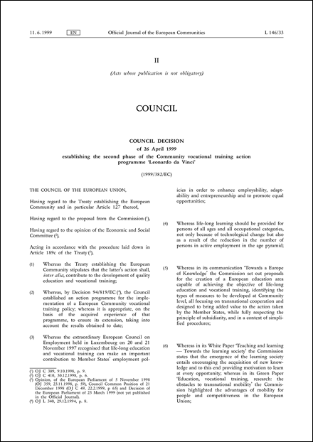 1999/382/EC: Council Decision of 26 April 1999 establishing the second phase of the Community vocational training action programme 'Leonardo da Vinci'