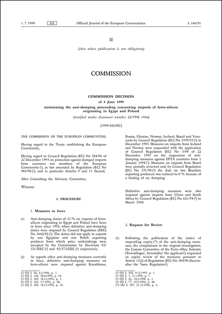 1999/426/EG: Commission Decision of 4 June 1999 terminating the anti-dumping proceeding concerning imports of ferro-silicon originating in Egypt and Poland (notified under document number C(1999) 1466)