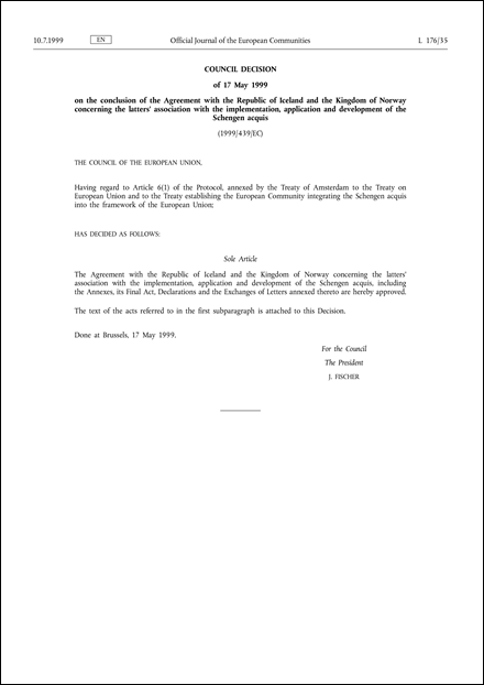 1999 439 Ec Council Decision Of 17 May 1999 On The Conclusion Of The Agreement With 1999 439 Ec Council Decision Of 17 May 1999 On The Conclusion Of The Agreement With