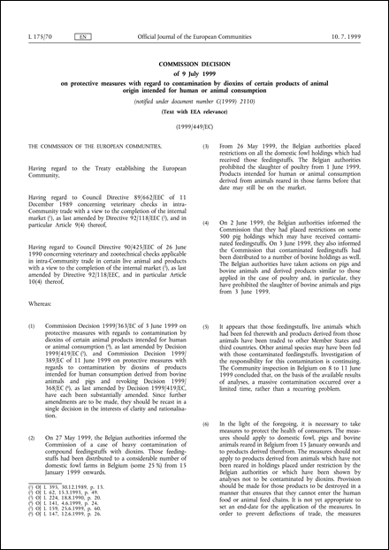 1999/449/EC: Commission Decision of 9 July 1999 on protective measures with regard to contamination by dioxins of certain products of animal origin intended for human or animal consumption (notified under document number C(1999) 2110) (Text with EEA relevance)