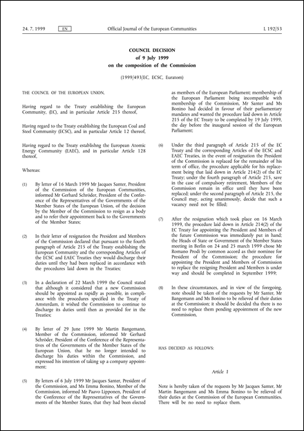 1999/493/EC, ECSC, Euratom: Council Decision of 9 July 1999 on the composition of the Commission