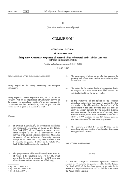 1999/799/EC: Commission Decision of 29 October 1999 fixing a new Community programme of statistical tables to be stored in the Tabular Data Bank (BDT) of the Eurofarm system (notified under document number C(1999) 3455)
