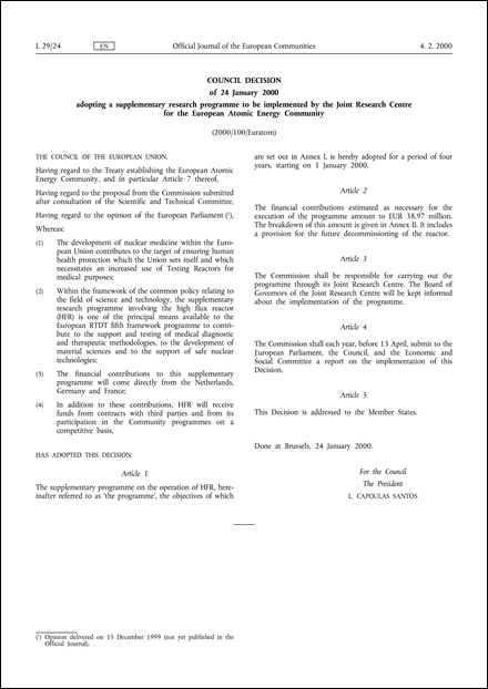 2000/100/Euratom: Council Decision of 24 January 2000 adopting a supplementary research programme to be implemented by the Joint Research Centre for the European Atomic Energy Community