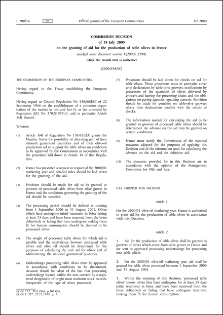 2000/498/EC: Commission Decision of 24 July 2000 on the granting of aid for the production of table olives in France (notified under document number C(2000) 2198) (Only the French text is authentic)