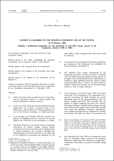 Decision No 646/2000/EC of the European Parliament and of the Council of 28 February 2000 adopting a multiannual programme for the promotion of renewable energy sources in the Community (Altener) (1998 to 2002)