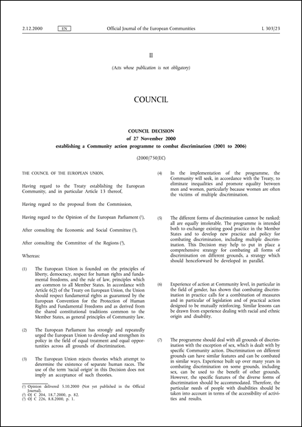2000/750/EC: Council Decision of 27 November 2000 establishing a Community action programme to combat discrimination (2001 to 2006)