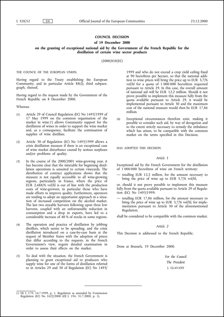2000/810/EC: Council Decision of 19 December 2000 on the granting of exceptional national aid by the Government of the French Republic for the distillation of certain wine sector products