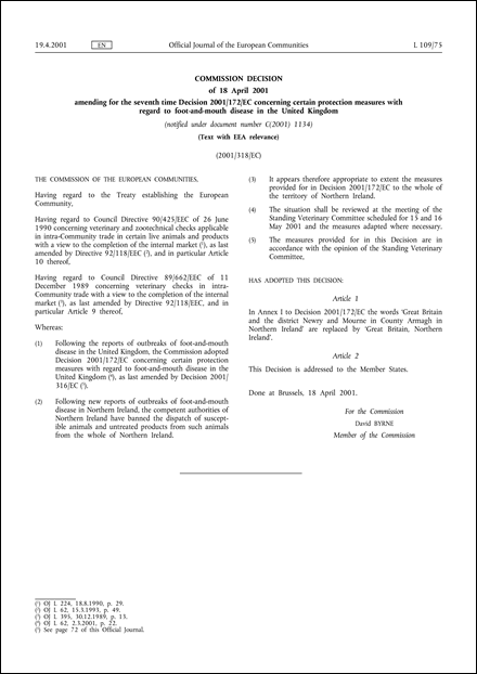 2001/318/EC: Commission Decision of 18 April 2001 amending for the seventh time Decision 2001/172/EC concerning certain protection measures with regard to foot-and-mouth disease in the United Kingdom (Text with EEA relevance) (notified under document number C(2001) 1134)