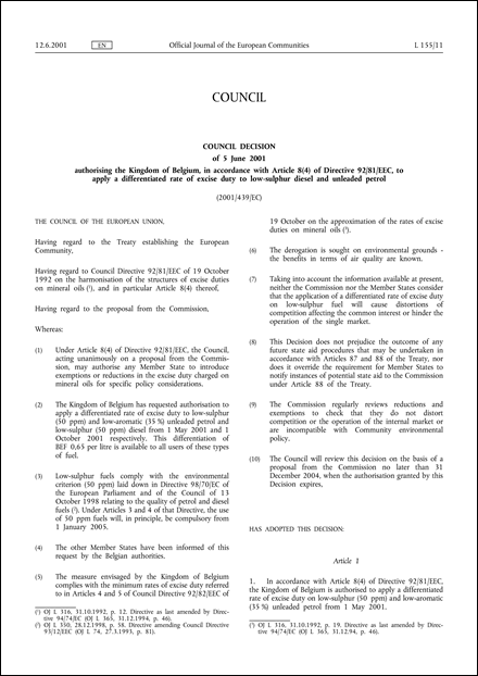01 439 Ec Council Decision Of 5 June 01 Authorising The Kingdom Of Belgium In Accordance 01 439 Ec Council Decision Of 5 June 01 Authorising The Kingdom Of Belgium In Accordance