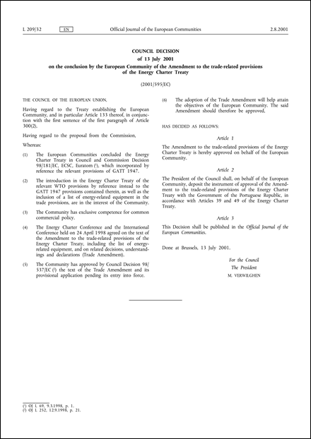 2001/595/EC: Council Decision of 13 July 2001 on the conclusion by the European Community of the Amendment to the trade-related provisions of the Energy Charter Treaty