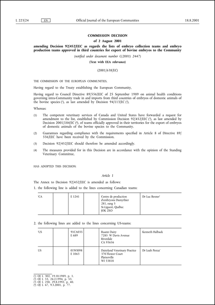2001/638/EC: Commission Decision of 2 August 2001 amending Decision 92/452/EEC as regards the lists of embryo collection teams and embryo production teams approved in third countries for export of bovine embryos to the Community (Text with EEA relevance) (notified under document number C(2001) 2447)