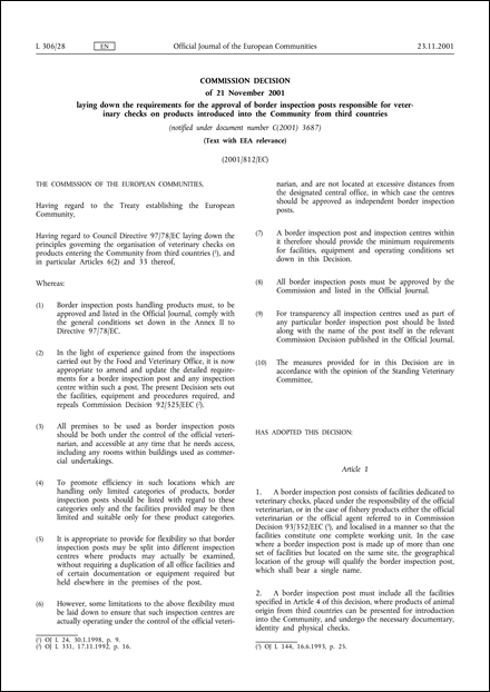 2001/812/EC: Commission Decision of 21 November 2001 laying down the requirements for the approval of border inspection posts responsible for veterinary checks on products introduced into the Community from third countries (Text with EEA relevance) (notified under document number C(2001) 3687) (repealed)