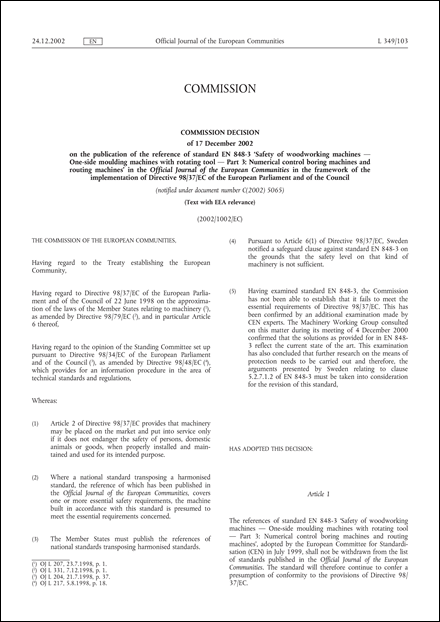 2002/1002/EC: Commission Decision of 17 December 2002 on the publication of the reference of standard EN 848-3 "Safety of woodworking machines — One-side moulding machines with rotating tool — Part 3: Numerical control boring machines and routing machines" in the Official Journal of the European Communities in the framework of the implementation of Directive 98/37/EC of the European Parliament and of the Council (Text with EEA relevance) (notified under document number C(2002) 5065)