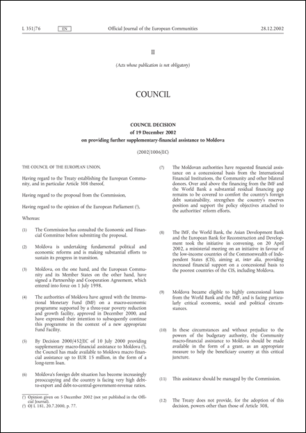 2002/1006/EC: Council Decision of 19 December 2002 on providing further supplementary-financial assistance to Moldova