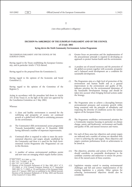 Decision No 1600/2002/EC of the European Parliament and of the Council of 22 July 2002 laying down the Sixth Community Environment Action Programme