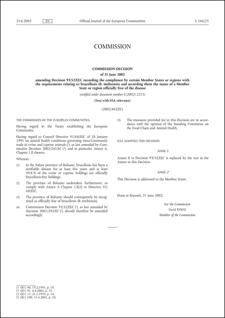 2002/482/EC: Commission Decision of 21 June 2002 amending Decision 93/52/EEC recording the compliance by certain Member States or regions with the requirements relating to brucellosis (B. melitensis) and according them the status of a Member State or region officially free of the disease (Text with EEA relevance) (notified under document number C(2002) 2213)