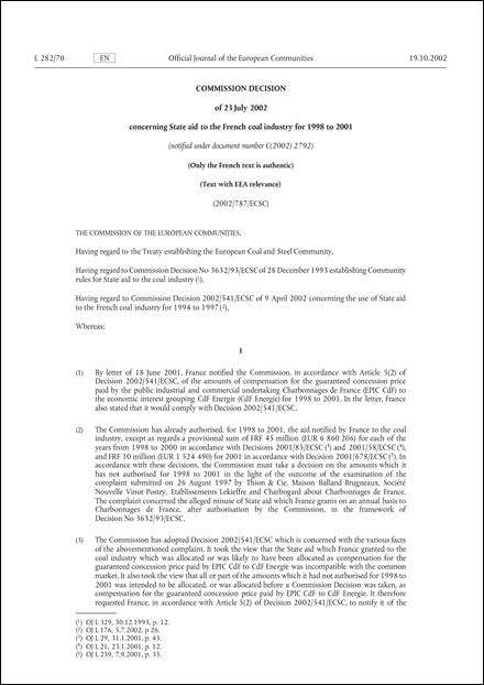 2002/787/ECSC: Commission decision of 23 July 2002 concerning State aid to the French coal industry for 1998 to 2001 (Text with EEA relevance.) (notified under document number C(2002) 2792)
