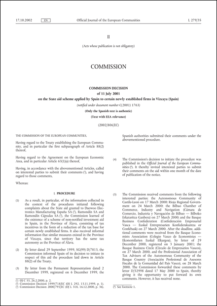 2002/806/EC: Commission Decision of 11 July 2001 on the State aid scheme applied by Spain to certain newly established firms in Vizcaya (Spain) (Text with EEA relevance) (notified under document number C(2001) 1763)