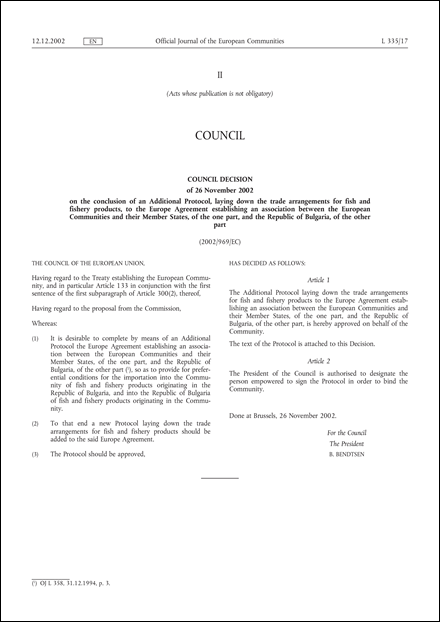 2002/969/EC: Council Decision of 26 November 2002 on the conclusion of an Additional Protocol, laying down the trade arrangements for fish and fishery products, to the Europe Agreement establishing an association between the European Communities and their Member States, of the one part, and the Republic of Bulgaria, of the other part