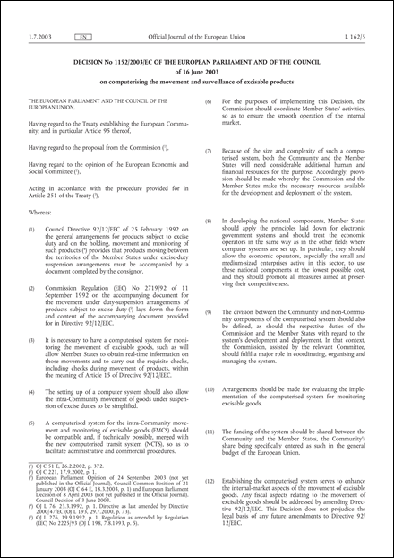 Decision No 1152/2003/EC of the European Parliament and of the Council of 16 June 2003 on computerising the movement and surveillance of excisable products