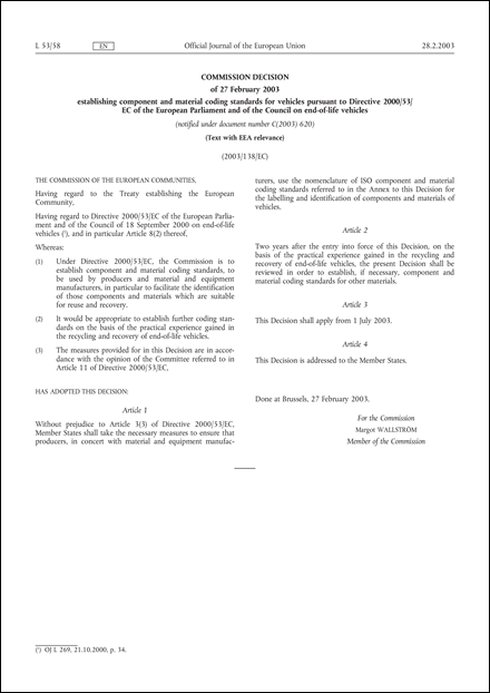 2003/138/EC: Commission Decision of 27 February 2003 establishing component and material coding standards for vehicles pursuant to Directive 2000/53/EC of the European Parliament and of the Council on end-of-life vehicles (Text with EEA relevance) (notified under document number C(2003) 620)