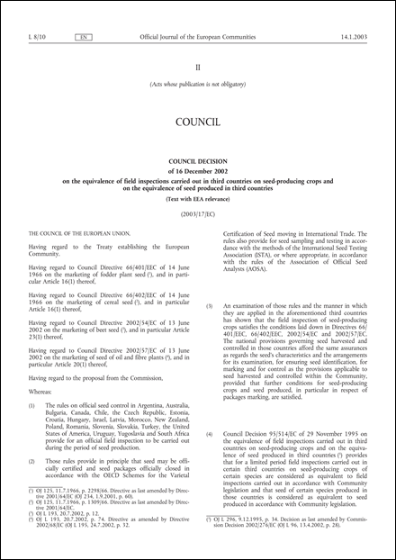 2003/17/EC: Council Decision of 16 December 2002 on the equivalence of field inspections carried out in third countries on seed-producing crops and on the equivalence of seed produced in third countries (Text with EEA relevance)
