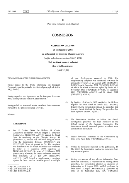 2003/372/EC: Commission Decision of 11 December 2002 on aid granted by Greece to Olympic Airways (notified under document number C(2002) 4831) (Text with EEA relevance)