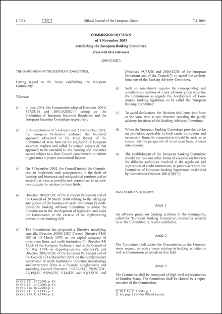 2004/10/EC: Commission Decision of 5 November 2003 establishing the European Banking Committee (Text with EEA relevance)