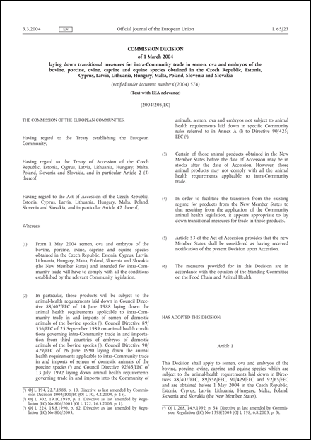 2004/205/EC: Commission Decision of 1 March 2004 laying down transitional measures for intra-Community trade in semen, ova and embryos of the bovine, porcine, ovine, caprine and equine species obtained in the Czech Republic, Estonia, Cyprus, Latvia, Lithuania, Hungary, Malta, Poland, Slovenia and Slovakia (Text with EEA relevance) (notified under document number C(2004) 574)