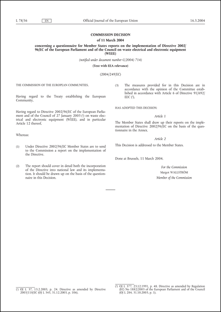 2004/249/EC: Commission Decision of 11 March 2004 concerning a questionnaire for Member States reports on the implementation of Directive 2002/96/EC of the European Parliament and of the Council on waste electrical and electronic equipment (WEEE) (Text with EEA relevance) (notified under document number C(2004) 714)