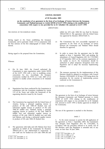 2005/953/EC: Council Decision of  20 December 2005  on the conclusion of an agreement in the form of an Exchange of Letters between the European Community and Thailand pursuant to Article XXVIII of GATT 1994 relating to the modification of concessions with respect to rice provided for in EC Schedule CXL annexed to GATT 1994
