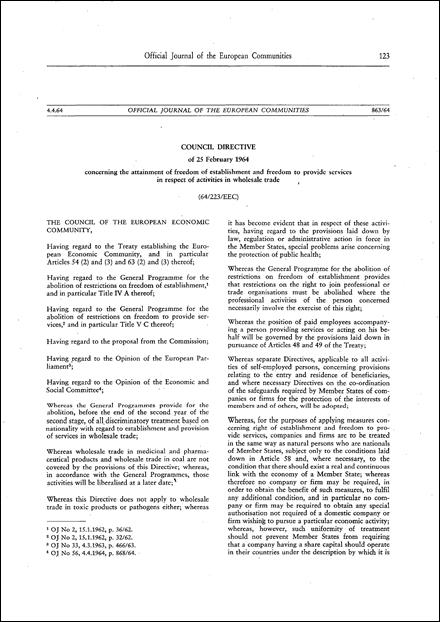Council Directive 64/223/EEC of 25 February 1964 concerning the attainment of freedom of establishment and freedom to provide services in respect of activities in wholesale trade