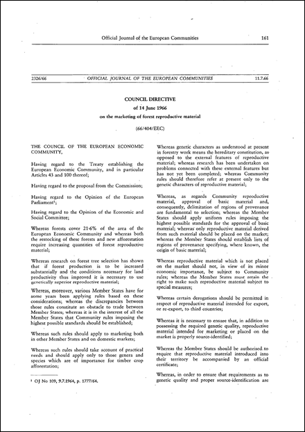 Council Directive 66/404/EEC of 14 June 1966 on the marketing of forest reproductive material