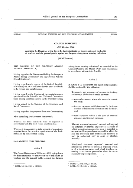 Council Directive 66/45/Euratom of 27 October 1966 amending the Directives laying down the basic standards for the protection of the health of workers and the general public against the dangers arising from ionising radiations