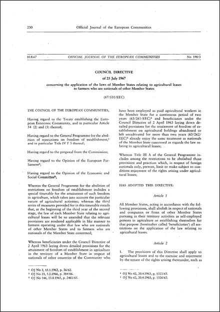 Council Directive 67/531/EEC of 25 July 1967 concerning the application of the laws of Member States relating to agricultural leases to farmers who are nationals of other Member States