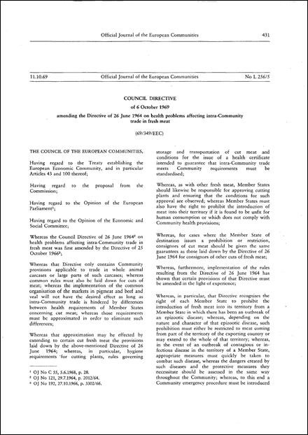 Council Directive 69/349/EEC of 6 October 1969 amending the Directive of 26 June 1964 on health problems affecting intra-Community trade in fresh meat