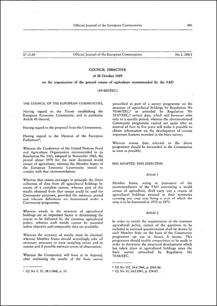 Council Directive 69/400/EEC of 28 October 1969 on the organisation of the general census of agriculture recommended by the FAO