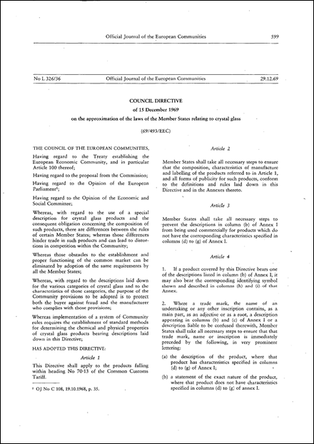 Council Directive 69/493/EEC of 15 December 1969 on the approximation of the laws of the Member States relating to crystal glass