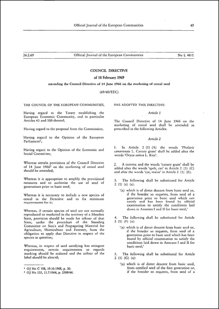 Council Directive 69/60/EEC of 18 February 1969 amending the Council Directive of 14 June 1966 on the marketing of cereal seed