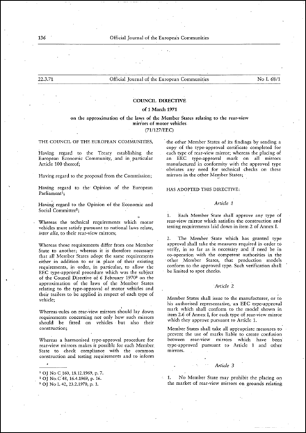 Council Directive 71/127/EEC of 1 March 1971 on the approximation of the laws of the Member States relating to the rear-view mirrors of motor vehicles (repealed)
