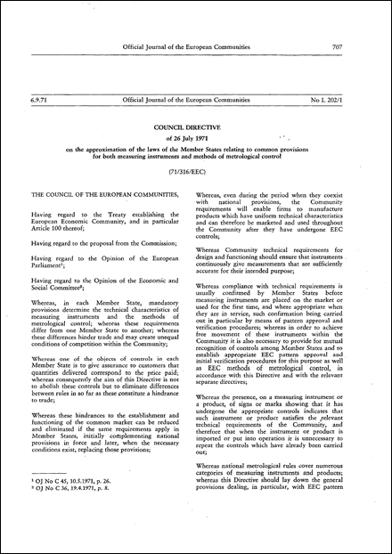 Council Directive 71/316/EEC of 26 July 1971 on the approximation of the laws of the Member States relating to common provisions for both measuring instruments and methods of metrological control (repealed)