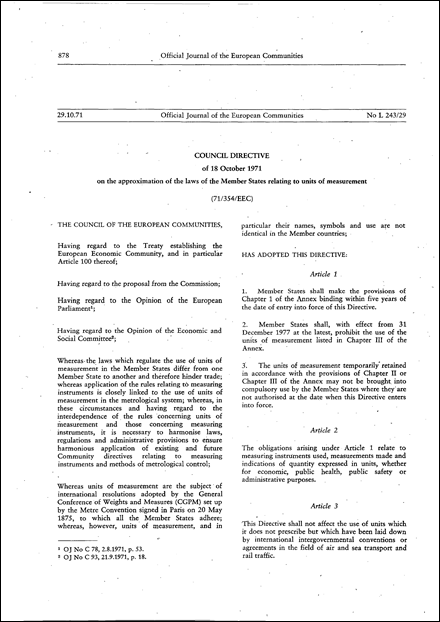 Council Directive 71/354/EEC of 18 October 1971 on the approximation of the laws of the Member States relating to units of measurement