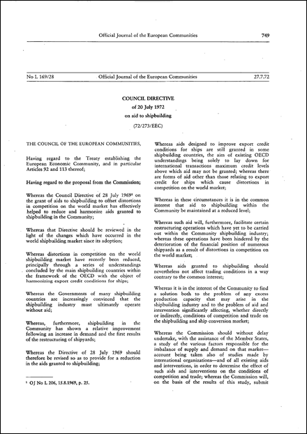 Council Directive 72/273/EEC of 20 July 1972 on aid to shipbuilding