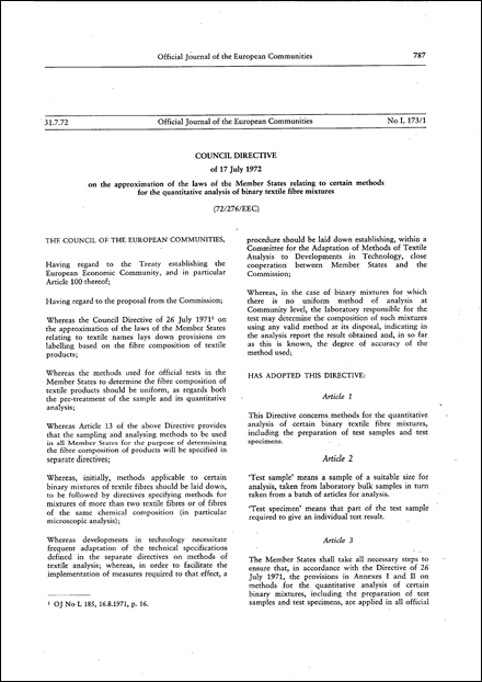 Council Directive 72/276/EEC of 17 July 1972 on the approximation of the laws of the Member States relating to certain methods for the quantitative analysis of binary textile fibre mixtures