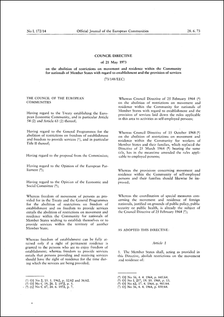 Council Directive 73/148/EEC of 21 May 1973 on the abolition of restrictions on movement and residence within the Community for nationals of Member States with regard to establishment and the provision of services