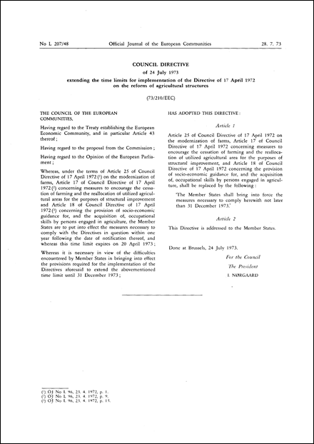 Council Directive of 24 July 1973 extending the time limits for implementation of the Directive of 17 April 1972 on the reform of agricultural structures