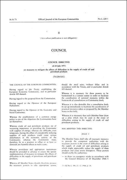 Council Directive 73/238/EEC of 24 July 1973 on measures to mitigate the effects of difficulties in the supply of crude oil and petroleum products