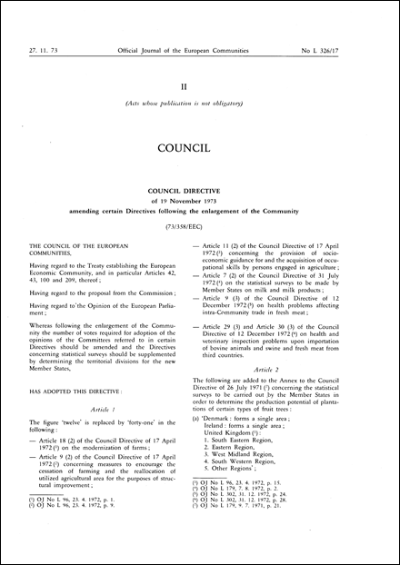 Council Directive 73/358/EEC of 19 November 1973 amending certain Directives following the enlargement of the Community