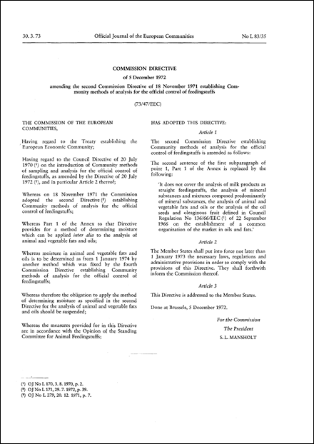 Commission Directive 73/47/EEC of 5 December 1972 amending the second Commission Directive of 18 November 1971 establishing Community methods of analysis for the official control of feedingstuffs