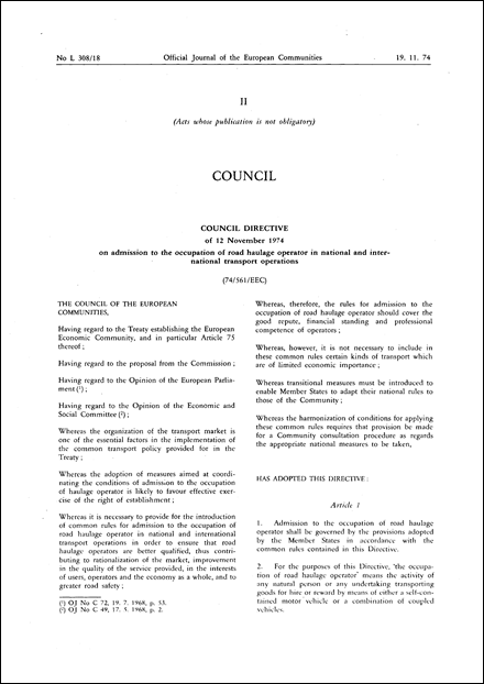 Council Directive 74/561/EEC of 12 November 1974 on admission to the occupation of road haulage operator in national and international transport operations